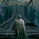 A fantasy warrior gazes upon an old, wooden bridge.